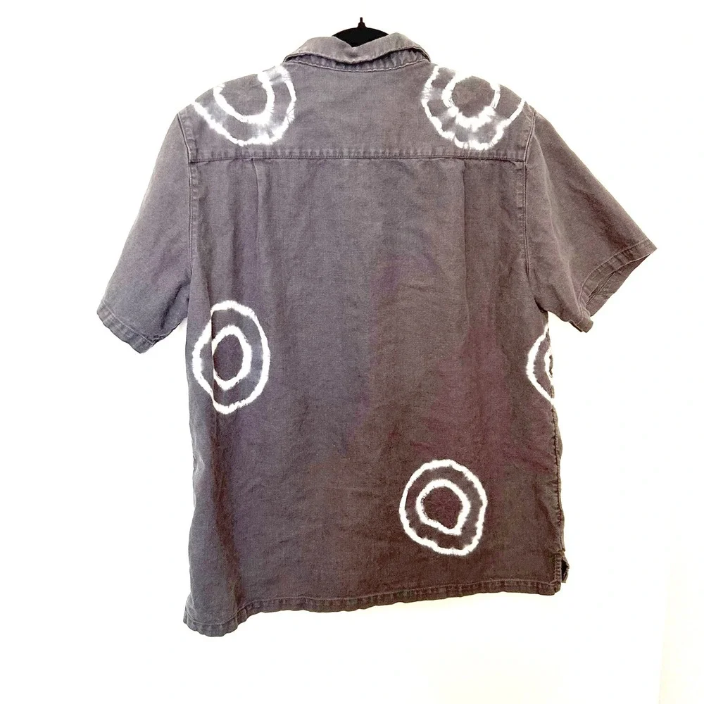 WithoutWalls Mens large black linen white circle button down short sleeve shirt‎
